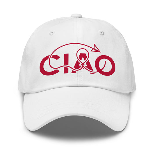 A white baseball cap featuring a red graphic on the front that spells 'CIAO' with a red thread .