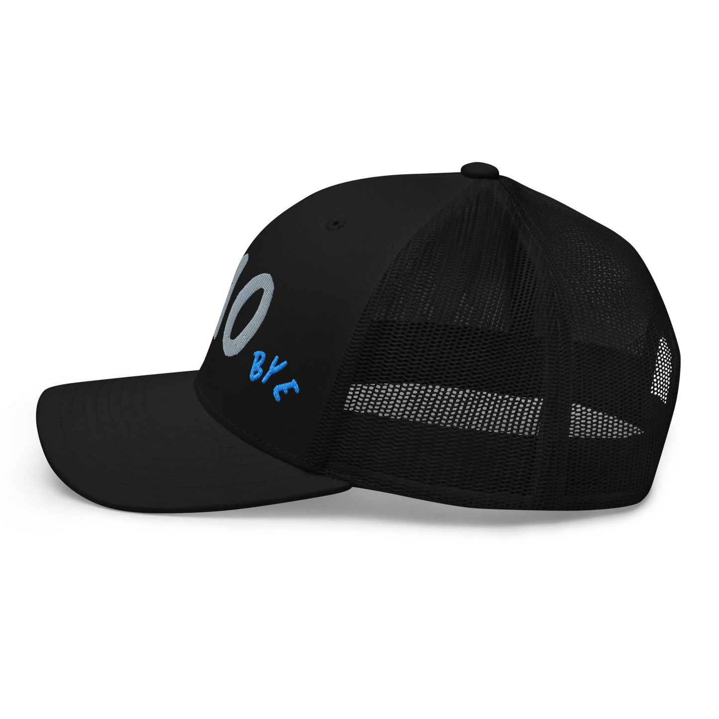 Black trucker cap.Ciao text in grey and Bye in blue,embroidery