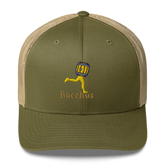 Green and beige trucker hat with 'Bacchus' character and emroidery text