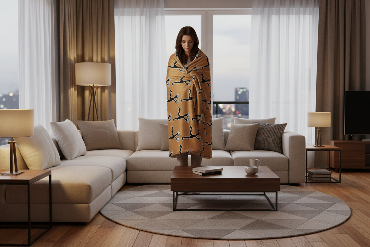 A woman in a living room with a marron blanket with black and white pattern of the mascot streetwear Lux character on a gold background