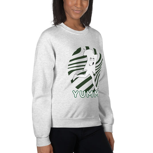 Person wearing a gray sweatshirt with a graphic design of Yummy in the white edition and the word "YUMMI"