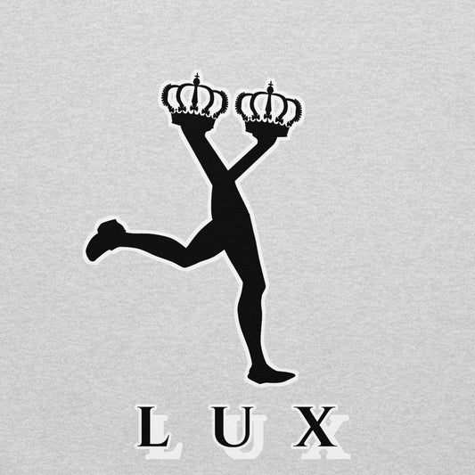 Close up of the black silhouette of the character of Lux holding two crowns with 'LUX' text on a gray background