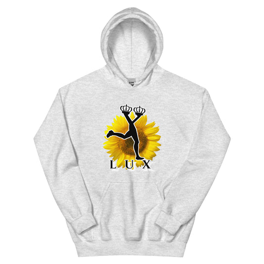 Gray hoodie with a sunflower in the front and the mascot of Lux with the text "Lux"