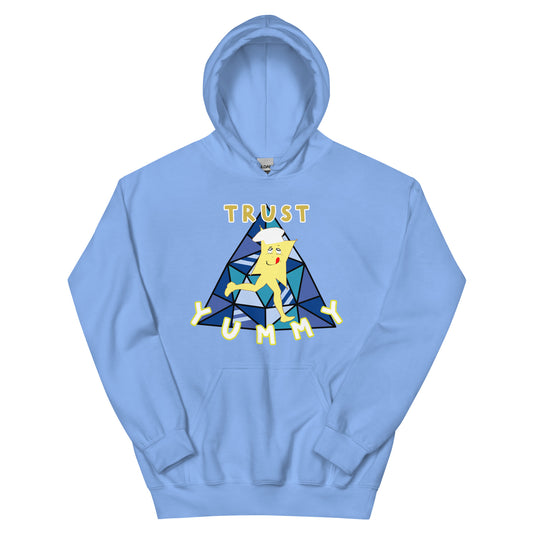 Light blue hoodie with a graphic design featuring a yellow character and text on a white background