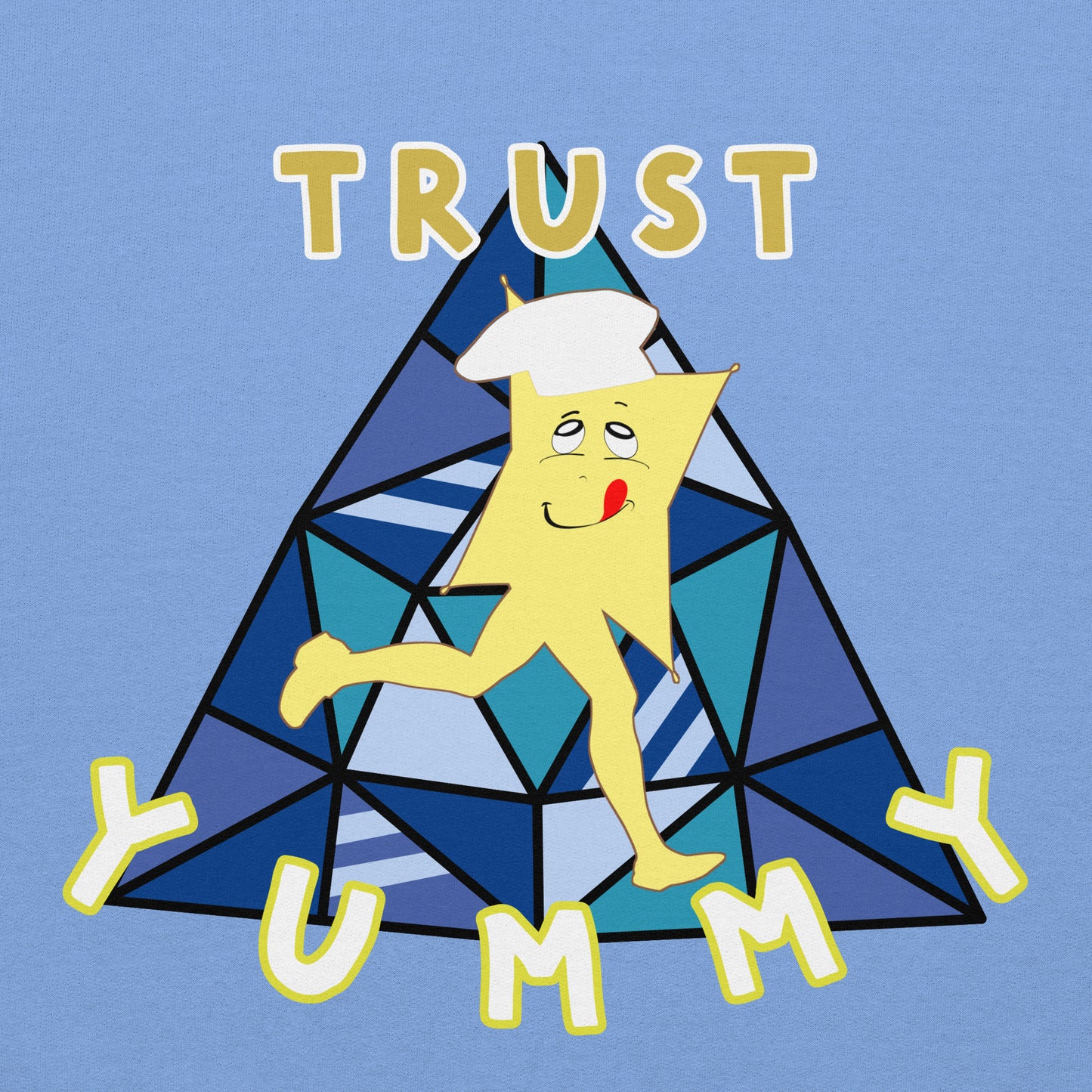 Close up of the design of a Hoodie with the cartoon character Yummy with a triangle and text 'TRUST YUMMY' on a blue background