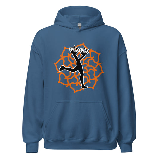 Blue streetwear hoodie with a graphic design on the front of the Lux character in the black edition and an orange mandala in the background
