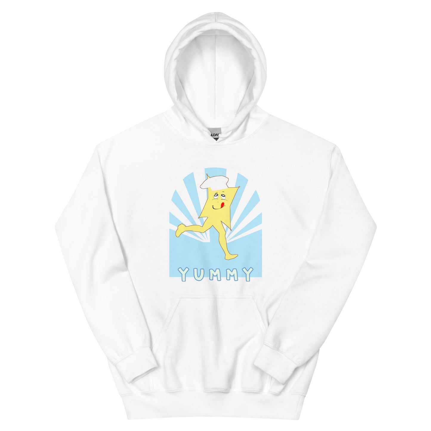 White hoodie with a cartoon character and 'Yummy' text on a white background