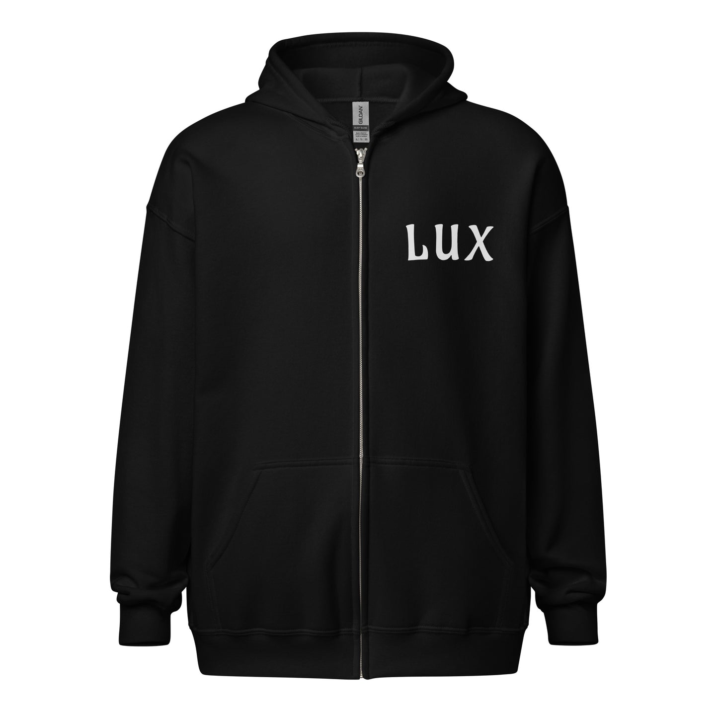 Black zip hoodie with the text Lux on the chest against a white background