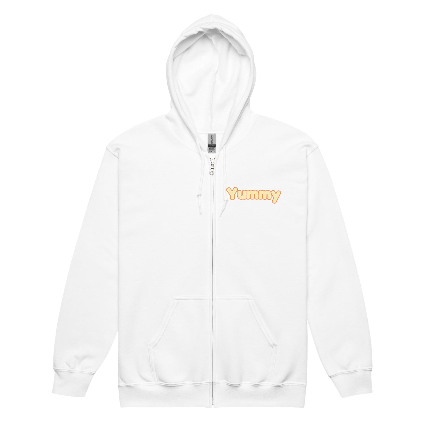 White zip hoodie with 'Yummy' text on a white background