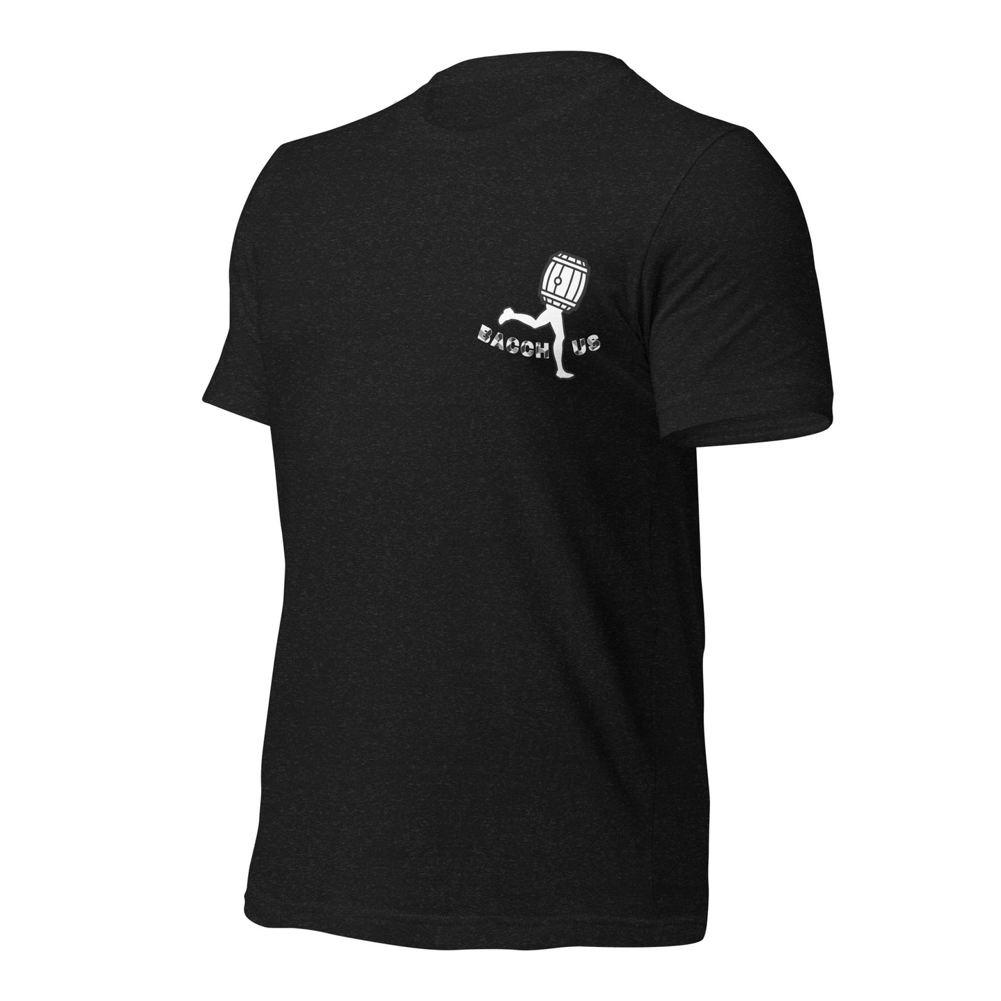 Black t-shirt with white Bacchus cgaracter on the chest against a white background