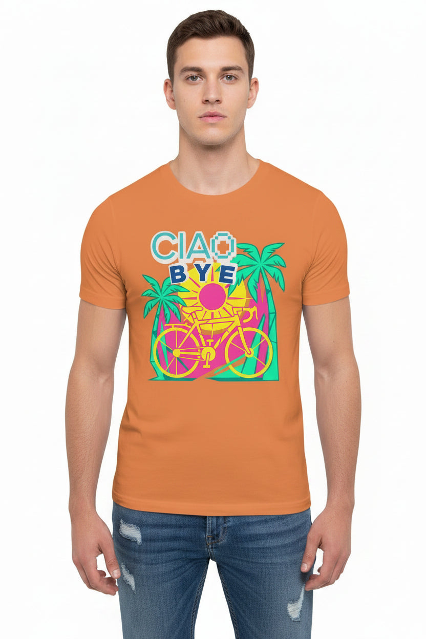 A man wearing a bright orange crewneck t-shirt with a colorful retro graphic that reads 'CIAO BYE' with palm trees and a bicycle, paired with blue jeans.