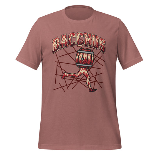 Brown t-shirt with a graphic design of a running figure with leg abd a barrel and the word 'Bacchus' on a white background.