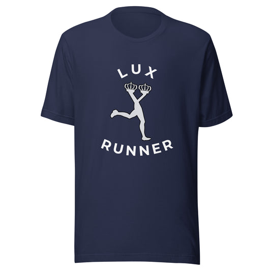 Navy blue t-shirt with 'Lux Runner' graphic tee design on a white background