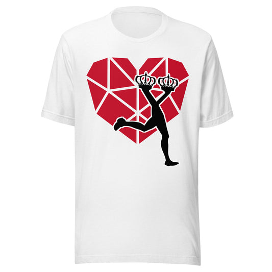White fashion graphic tee
t-shirt with a red heart and black silhouette design