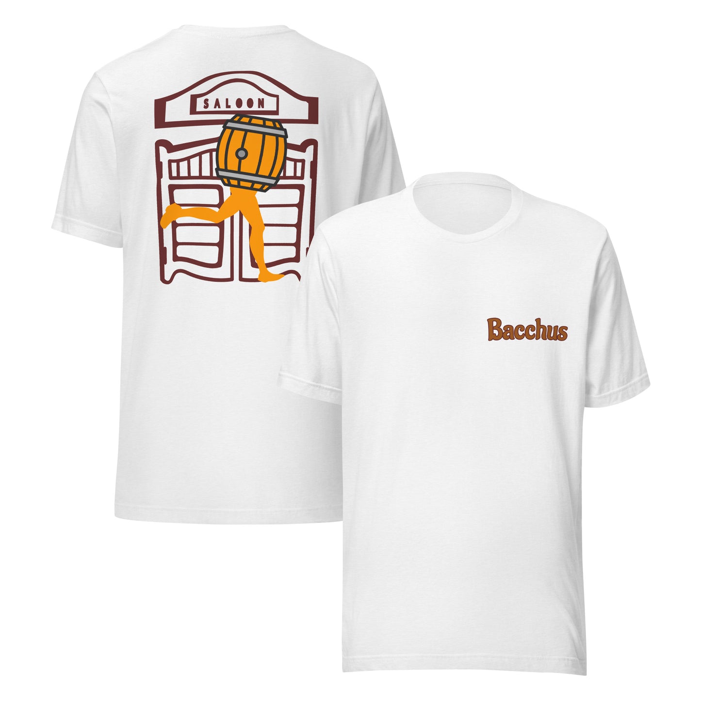 White t-shirt with 'Bacchus' character on front and graphic on back, displayed on a white background.