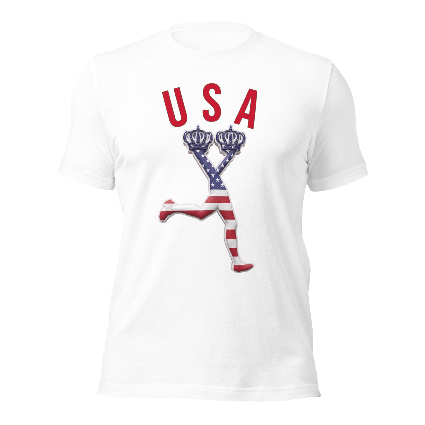 White t-shirt with 'USA' and a graphic design on a white background