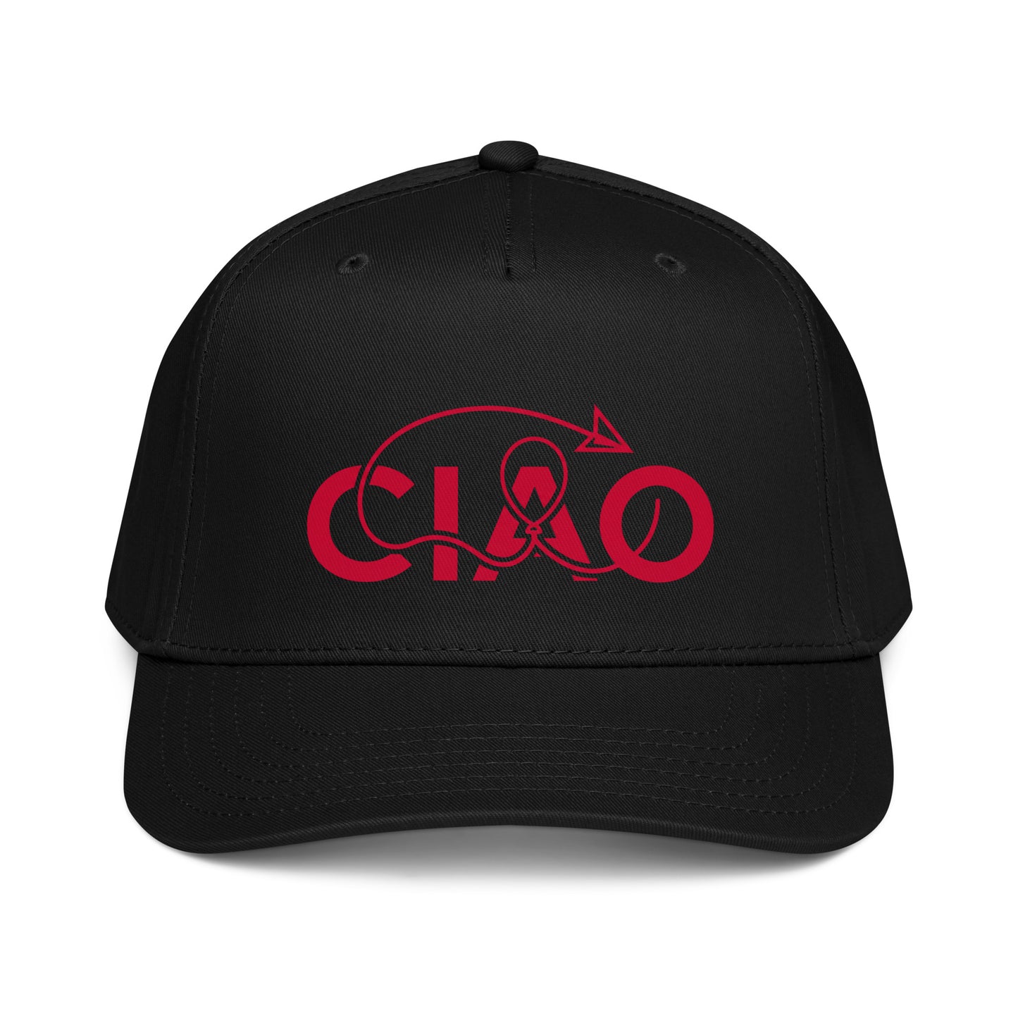 Structured two-tone black baseball graphic hat featuring the red Ciao arrow design with a slightly curved visor and snapback closure