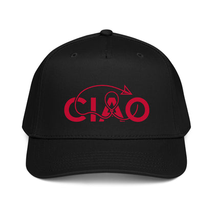 Structured two-tone black baseball graphic hat featuring the red Ciao arrow design with a slightly curved visor and snapback closure