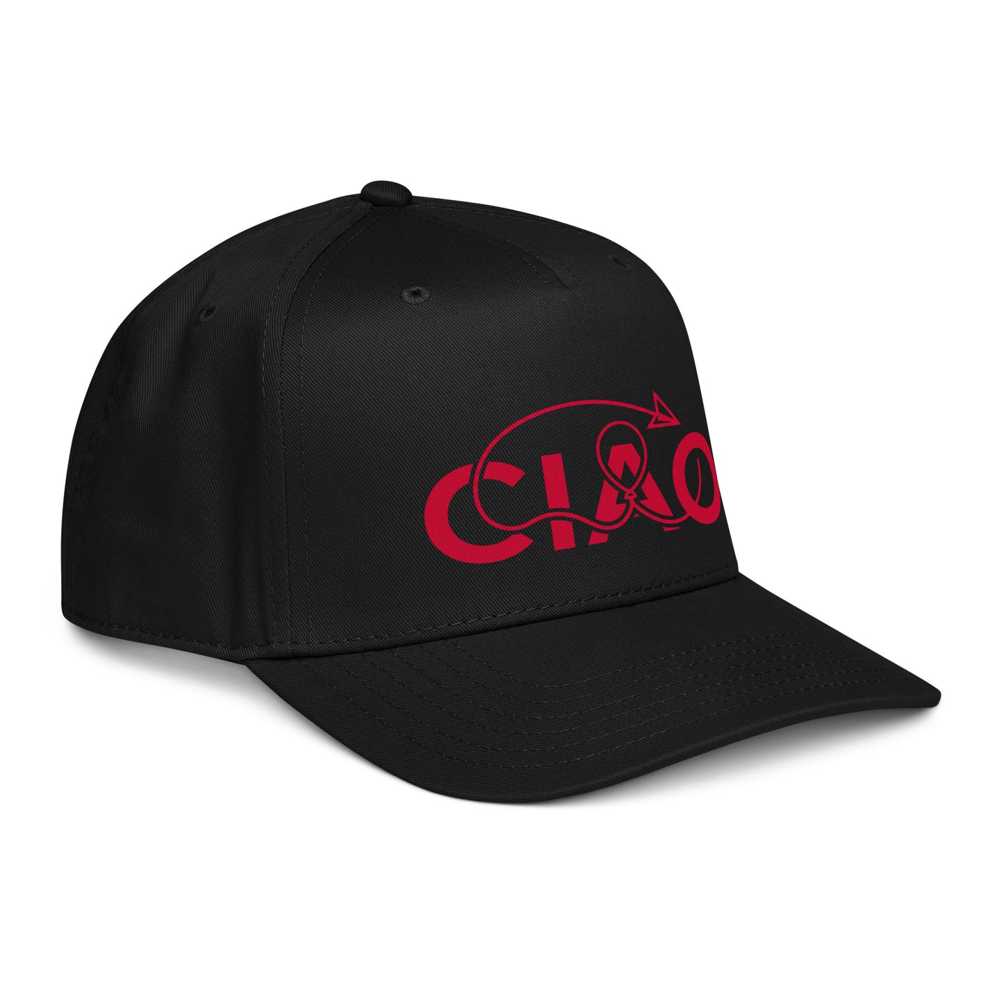 Structured two-tone graphic baseball  hat featuring the red Ciao arrow design with a slightly curved visor and snapback closure
