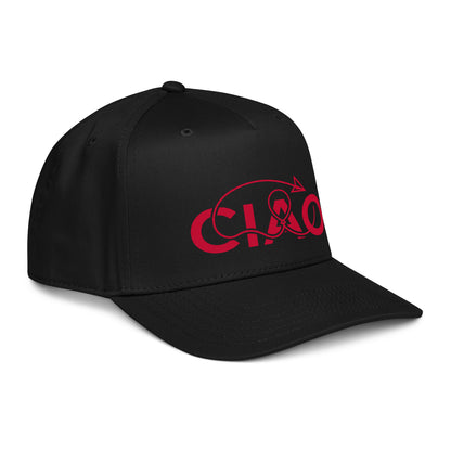 Structured two-tone graphic baseball  hat featuring the red Ciao arrow design with a slightly curved visor and snapback closure