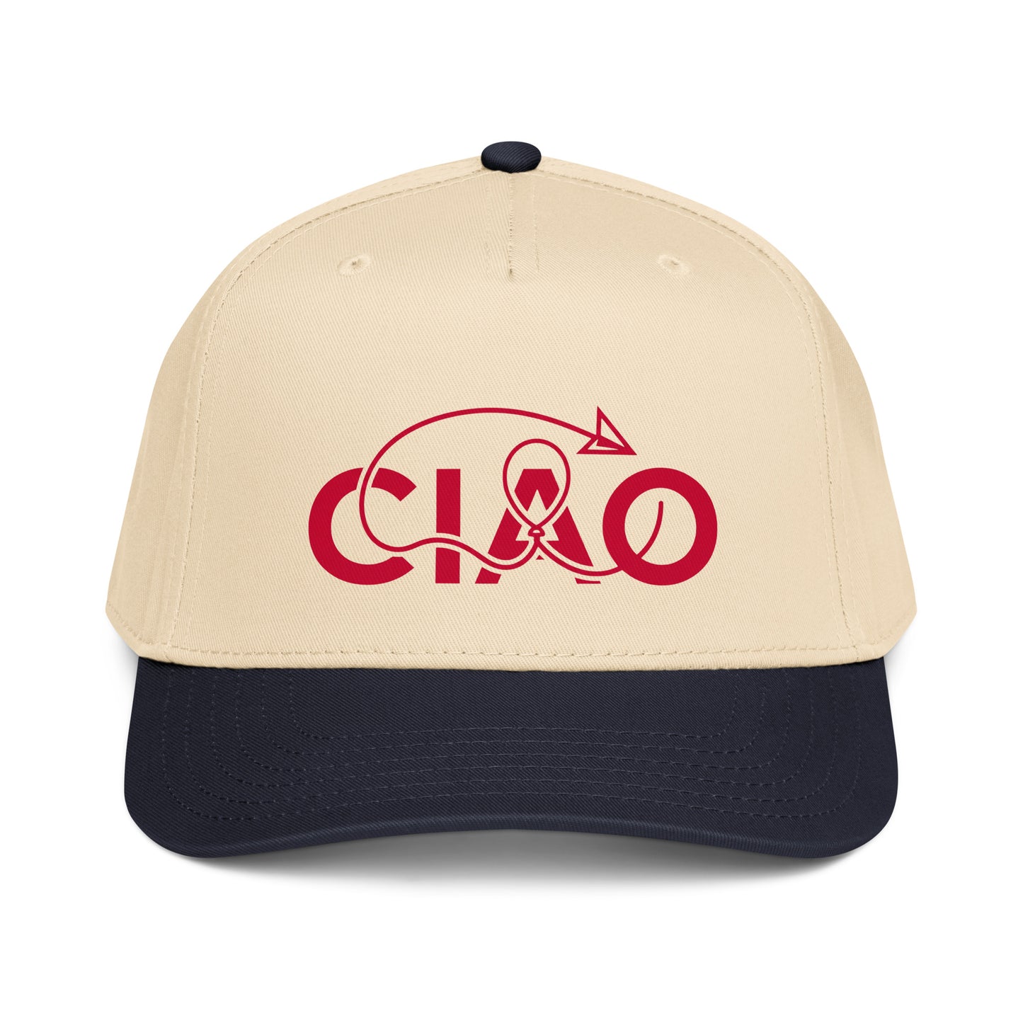 Ciao cap Connection 5-panel baseball cap in black and white with a structured front panel and signature red graphic