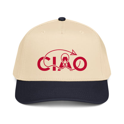 Ciao cap Connection 5-panel baseball cap in black and white with a structured front panel and signature red graphic