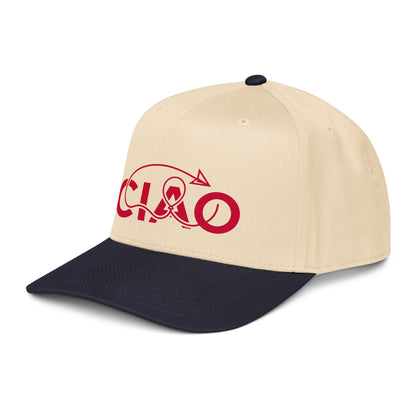 A structured baseball cap with a cream-colored crown and a dark navy blue curved brim. The front of the cap features a red graphic text  'CIAO' .