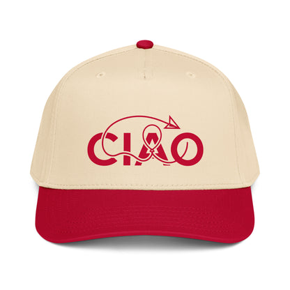CiaoBye Ciao Connection 5-panel baseball cap in red  cream white with a structured front panel and signature red graphic