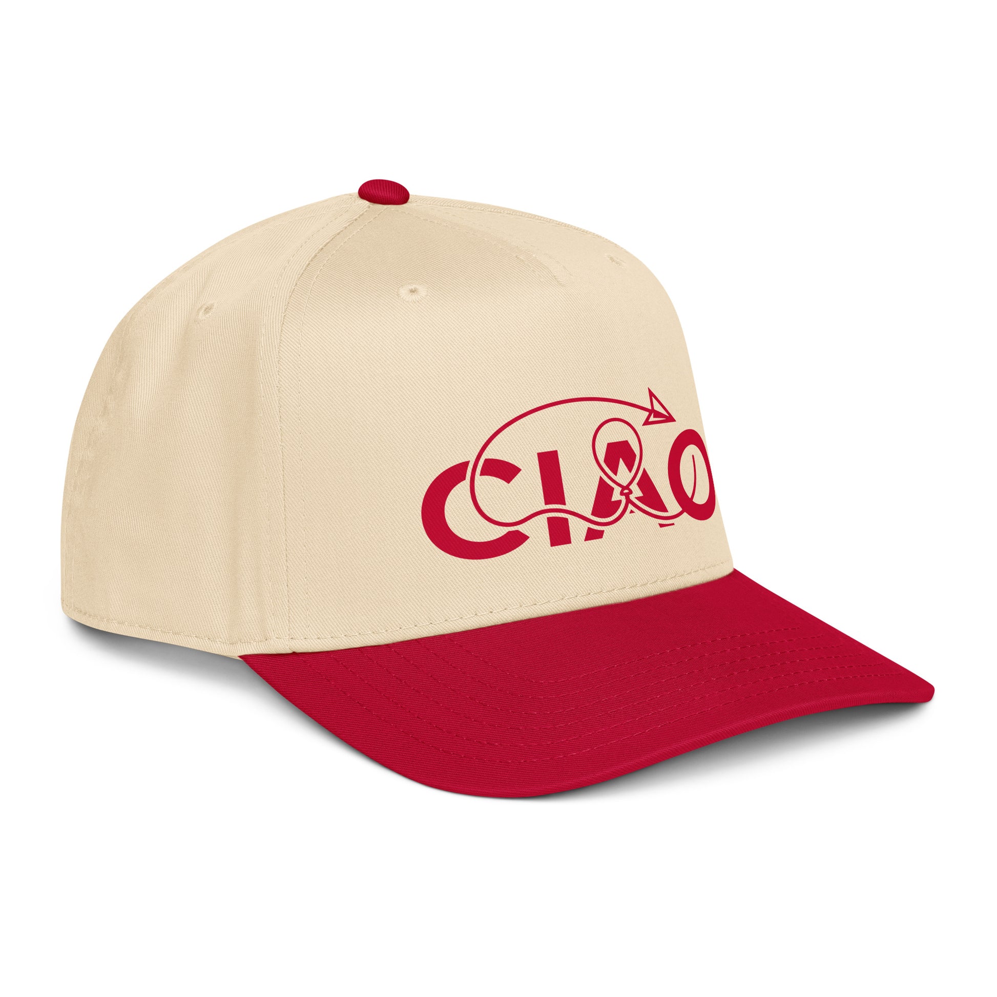 CiaoBye Ciao Connection 5-panel baseball cap in natural and red with a structured front panel and signature red graphic with ciao text