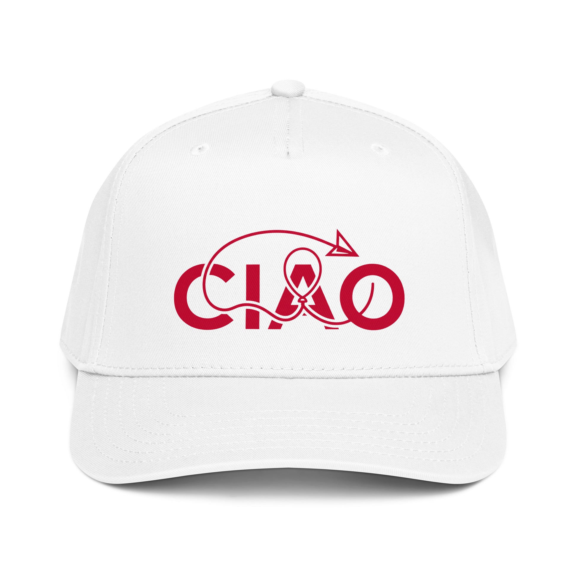 Structured two-tone graphic white baseball cap featuring the red Ciao arrow design with a slightly curved visor and snapback closure