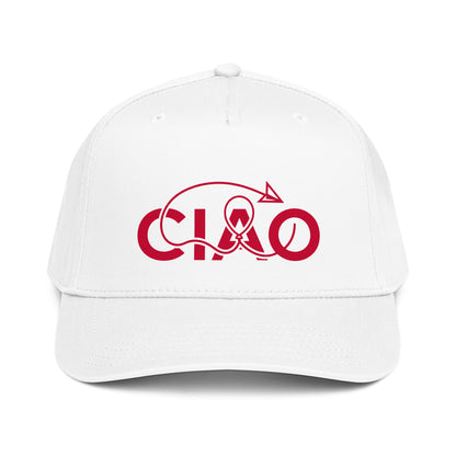 Structured two-tone graphic white baseball cap featuring the red Ciao arrow design with a slightly curved visor and snapback closure