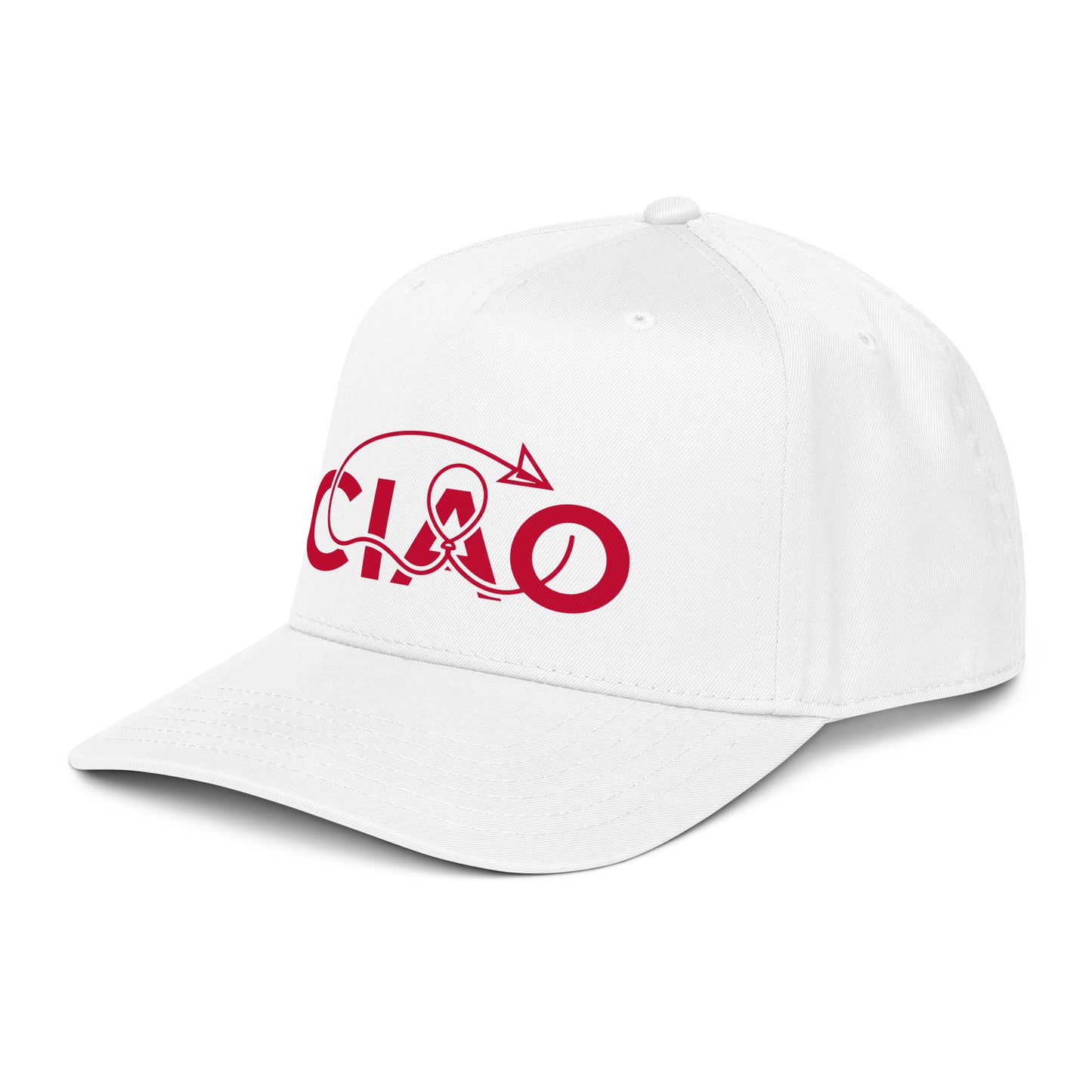 Ciao cap  Connection 5-panel baseball cap in white with a structured front panel and signature red graphic with and arrow and text ciao.