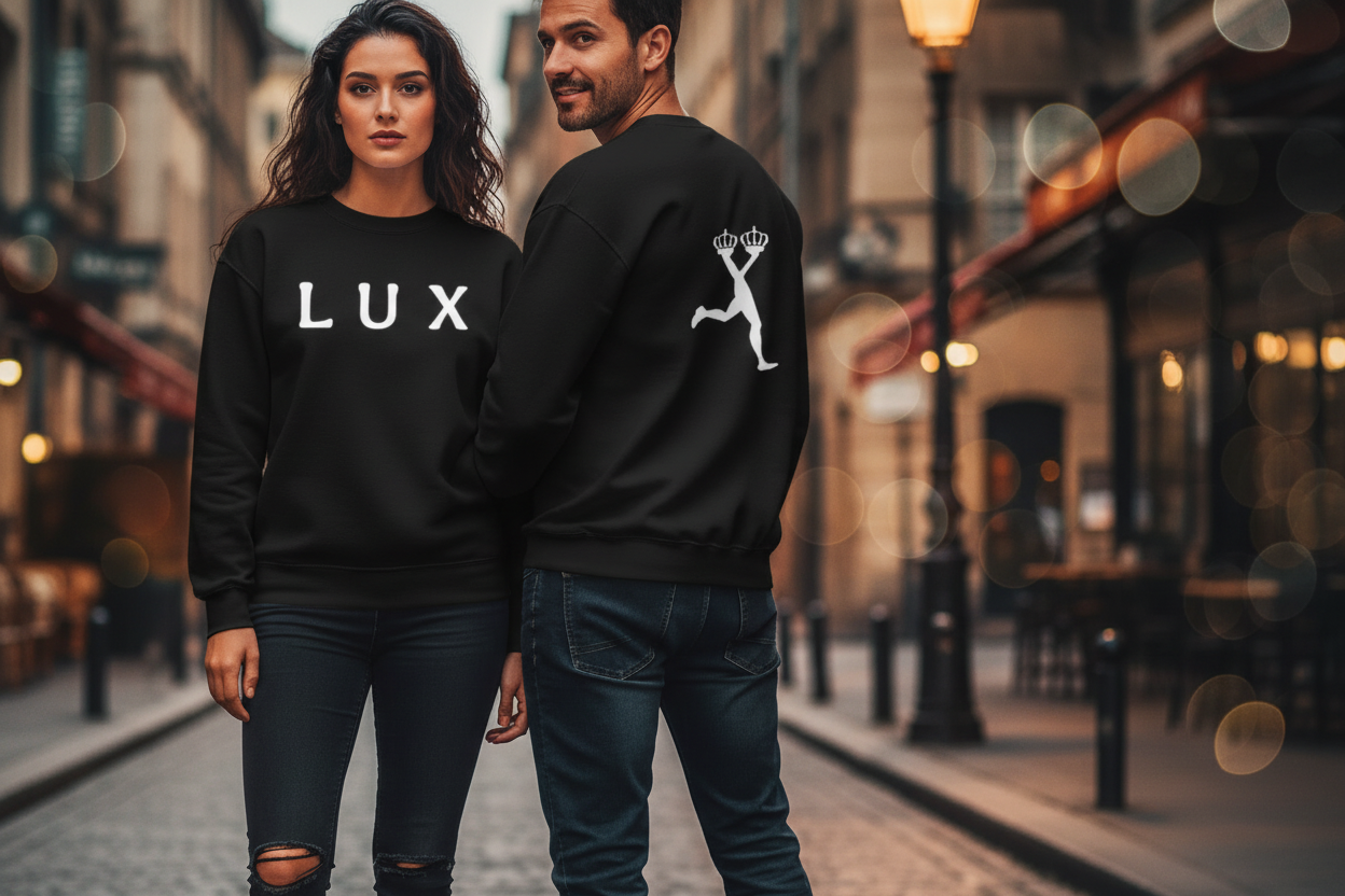 Two people wearing black sweatshirts with 'LUX' branding on a city street.