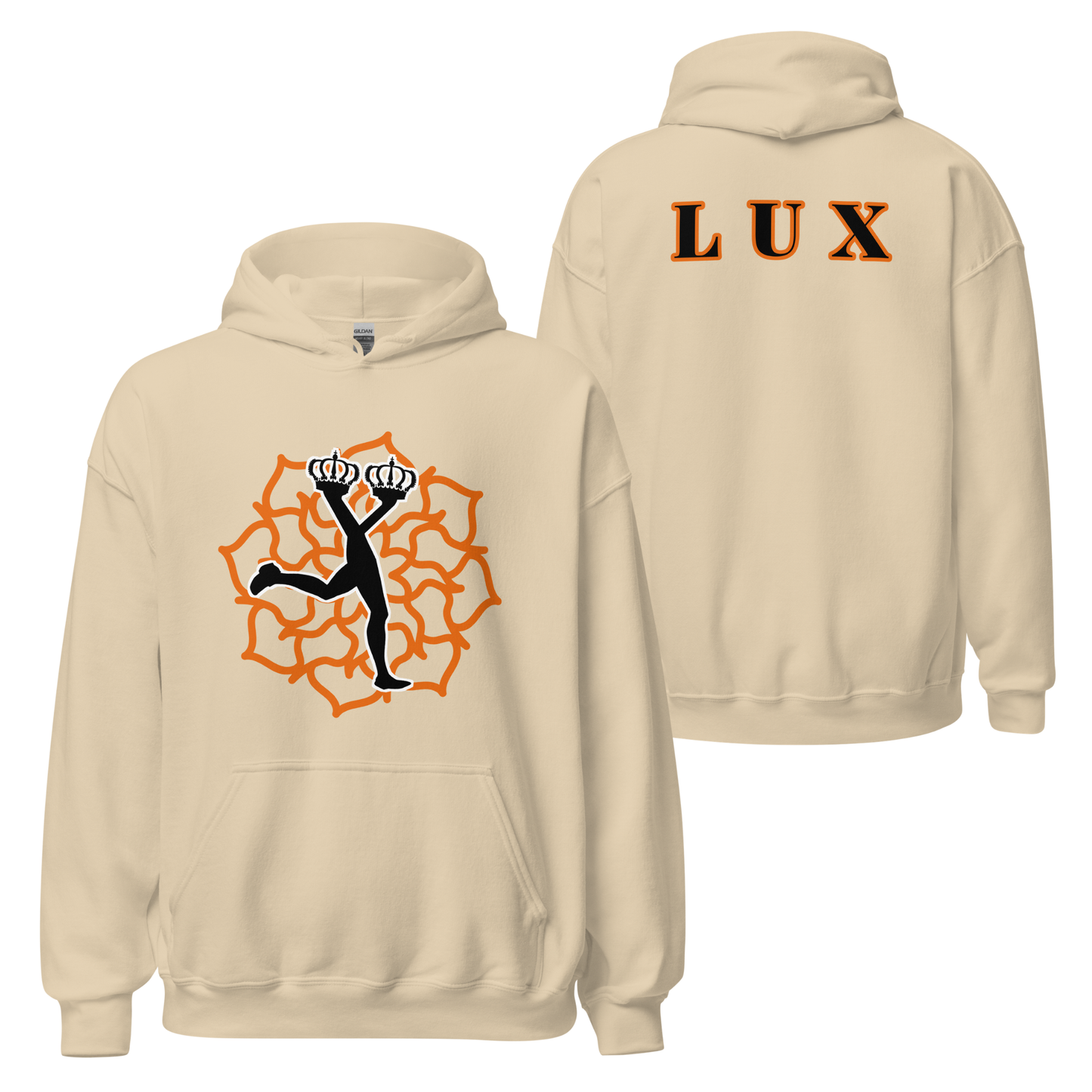 Front and back view featuring a sand  hoodie with ,in the front,the character  of Lux in black and an orange  mandala,and in the back the text  'LUX' in black with orange border