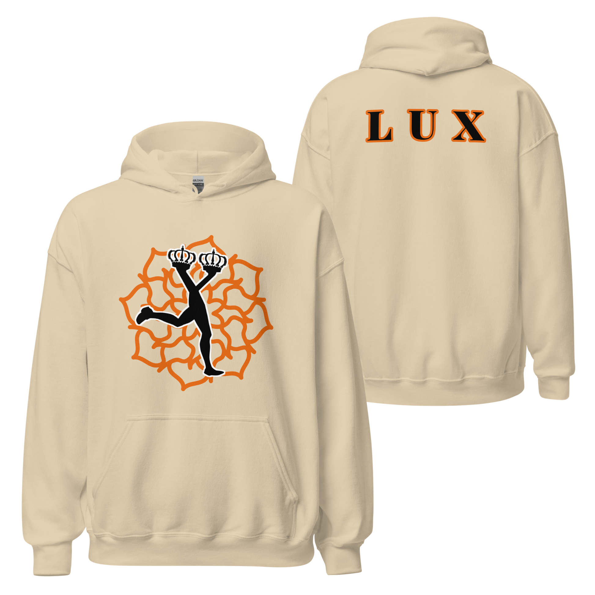 Front and back view featuring a sand  hoodie with ,in the front,the character  of Lux in black and an orange  mandala,and in the back the text  'LUX' in black with orange border