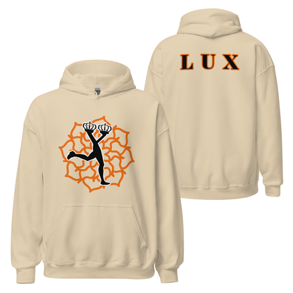 Front and back view featuring a sand  hoodie with ,in the front,the character  of Lux in black and an orange  mandala,and in the back the text  'LUX' in black with orange border