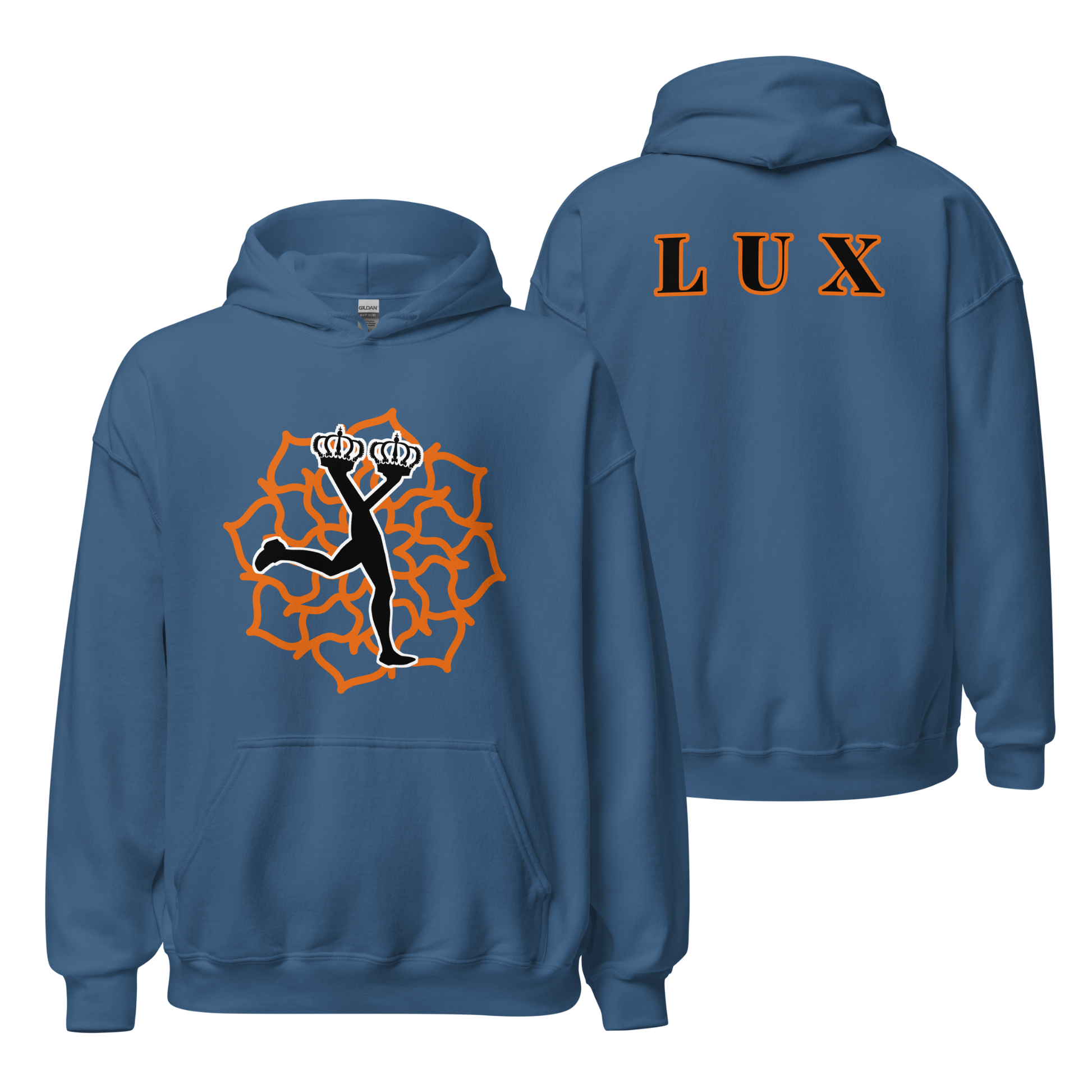Blue hoodie with Lux character on  the front and 'LUX' text on the back, displayed from front and back views.
