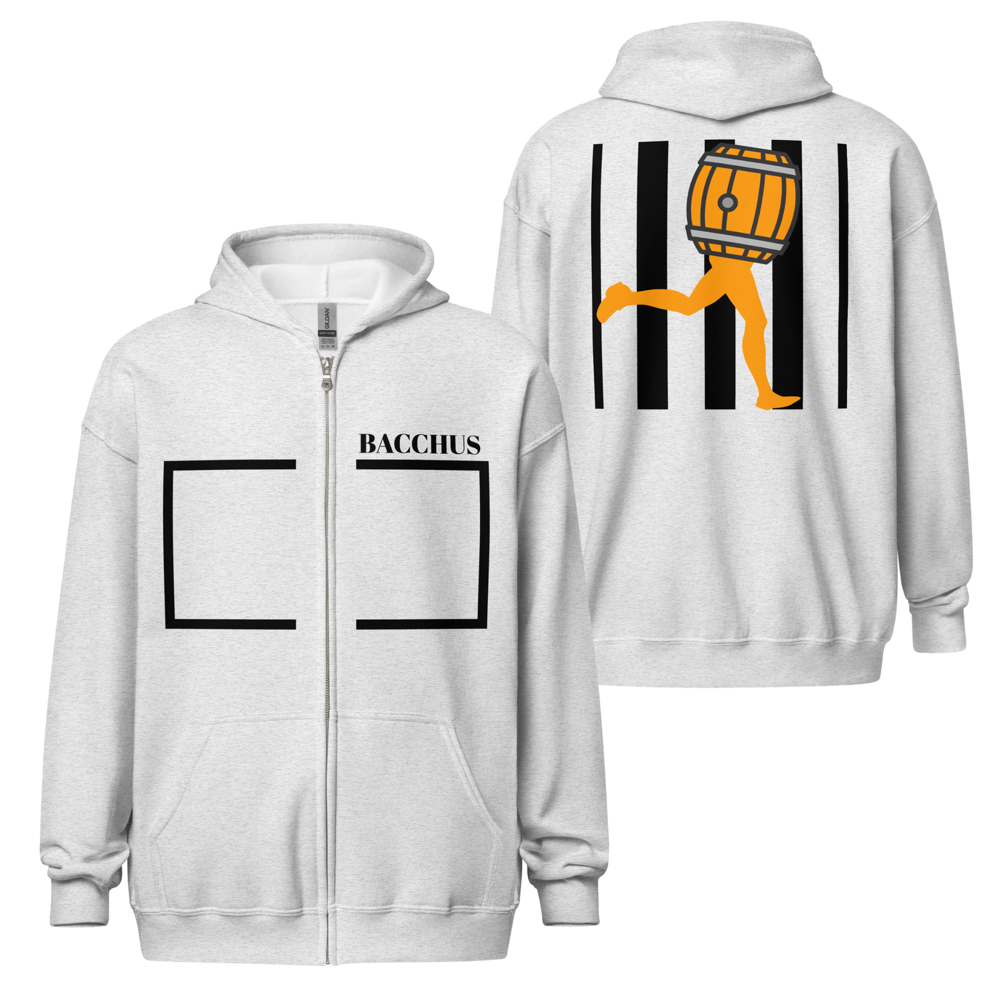 Bacchus hoodies in light blue color, back and front design streetwear style. In the front there is a text Bacchus in the upper chest side with a black rectangle and in the back the iconic character of  Bacchus with black line in the background