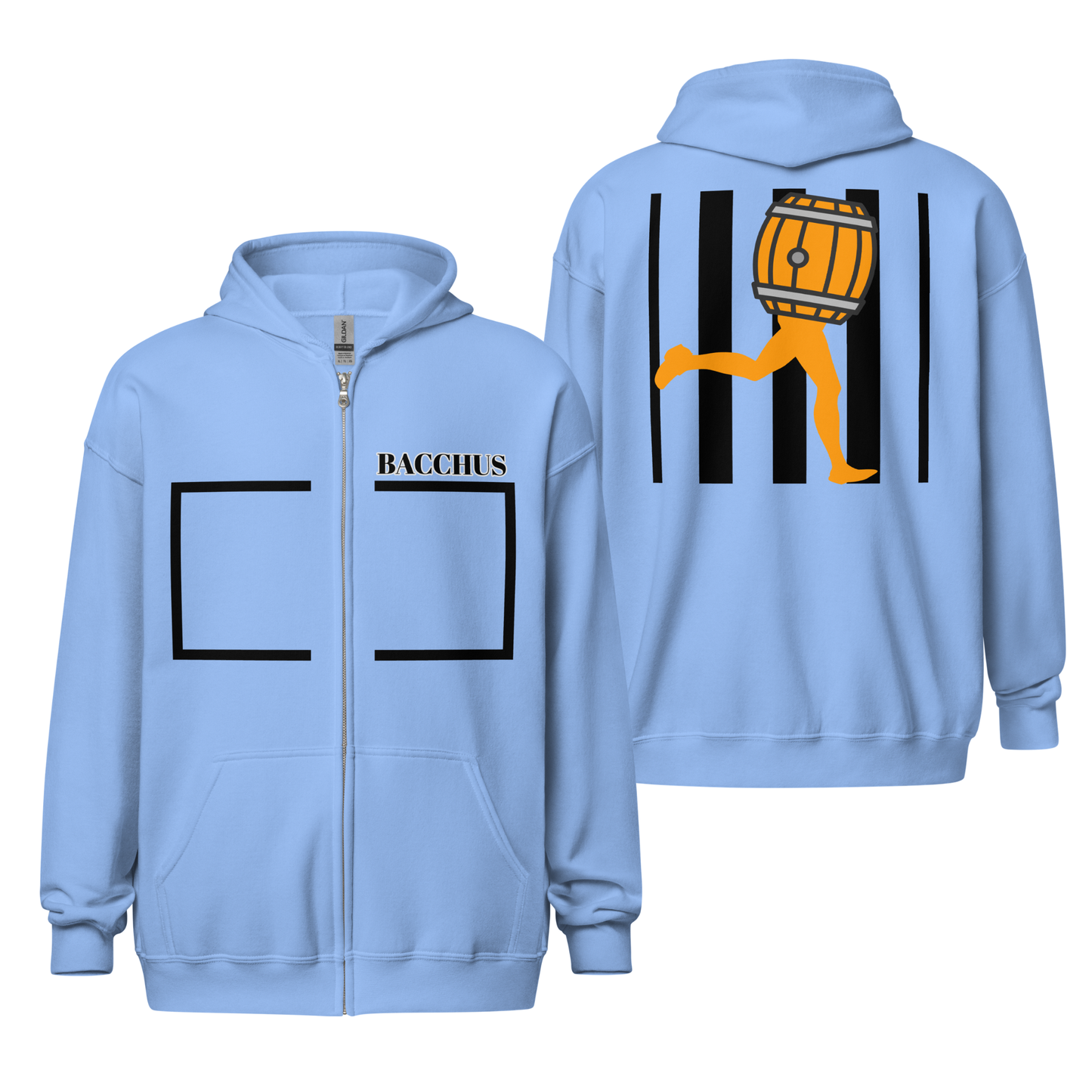 Bacchus hoodies in light blue color, back and front design streetwear style. In the front there is a text Bacchus in the upper chest side with a black rectangle and in the back the iconic character of  Bacchus with black line in the background 