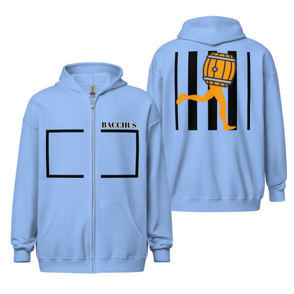 Bacchus hoodies in light blue color, back and front design streetwear style. In the front there is a text Bacchus in the upper chest side with a black rectangle and in the back the iconic character of  Bacchus with black line in the background 