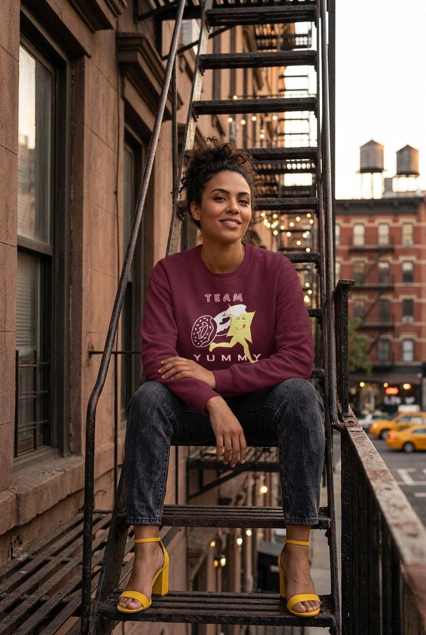 Woman sitting on a fire escape in an urban setting wearing a maroon sweatshirt with Yummy long sleeve
