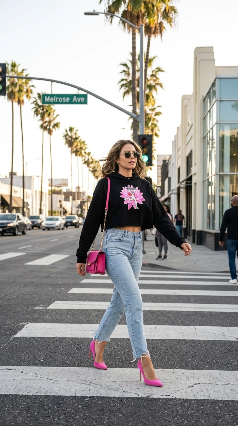 Woman wearing Lux cropped hoodie crossing a street in Los Angeles.