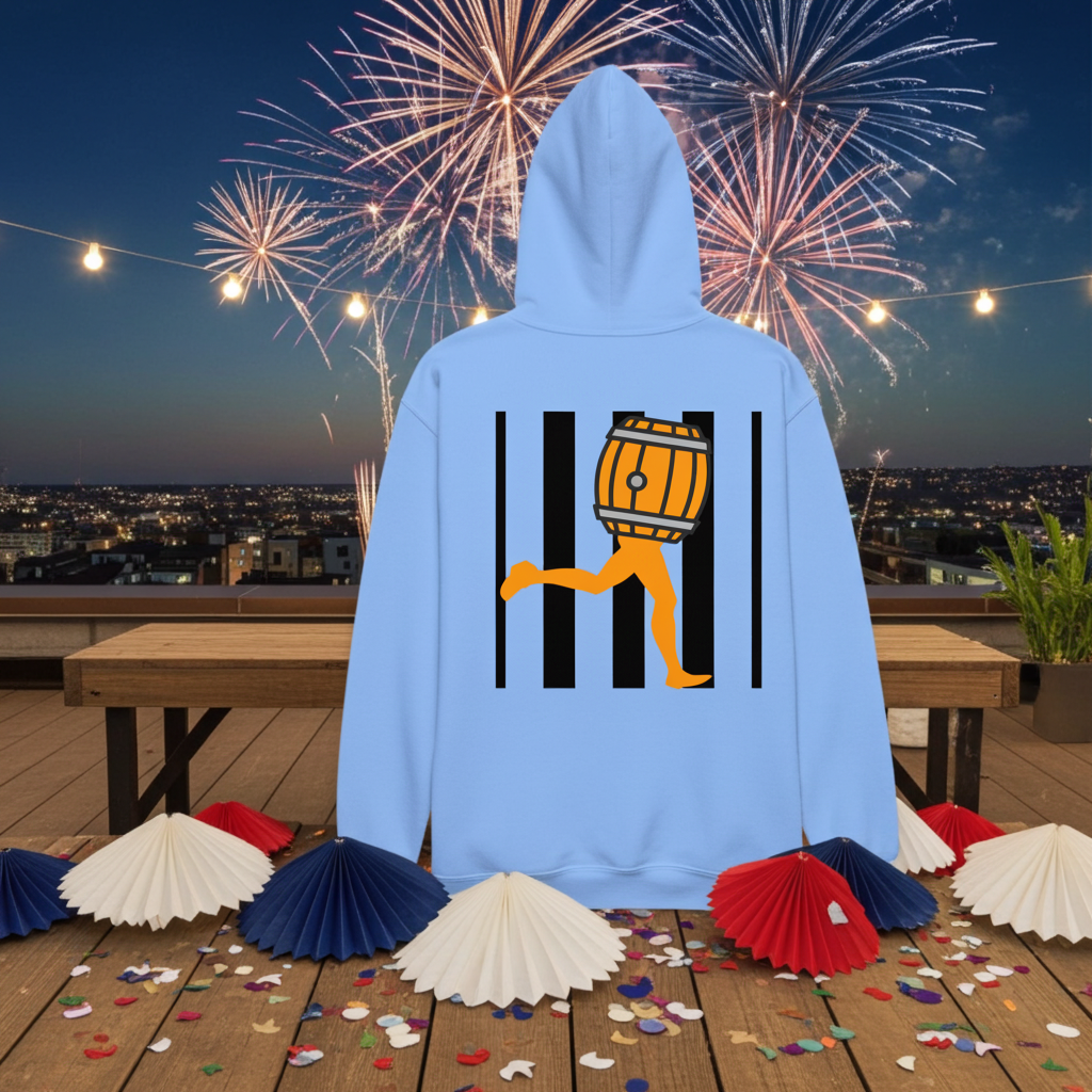 Light blue hoodie with a graphic design of Bacchus in orange and black lines on the back on a rooftop with fireworks in the background