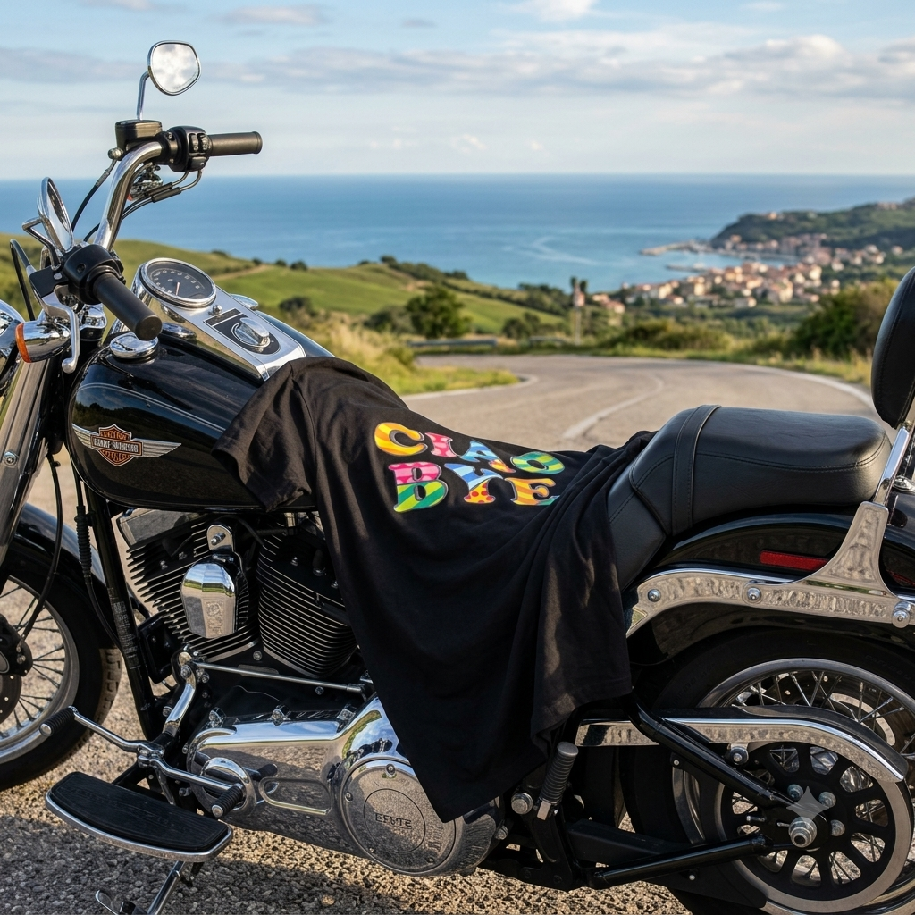 Balck tee with colorful text Ciao Bye in a Harley Davidson