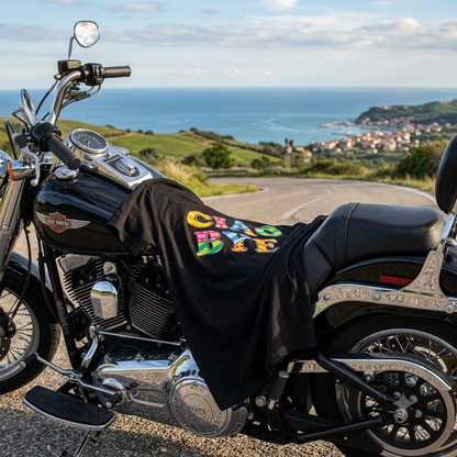Balck tee with colorful text Ciao Bye in a Harley Davidson