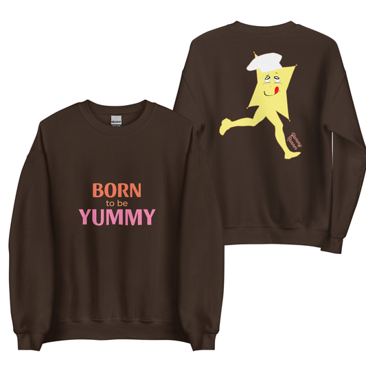 Brown sweatshirt with cartoon character and text on a white background