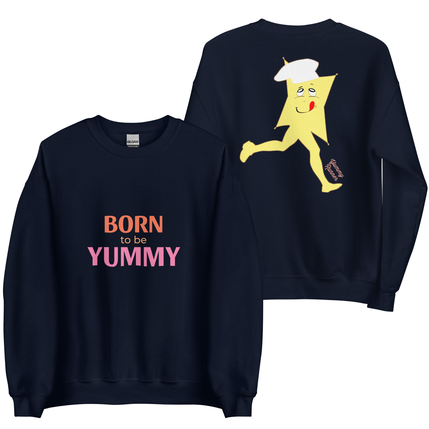 Navy blue sweatshirt with cartoon character and 'Born to be Yummy' text on a white background