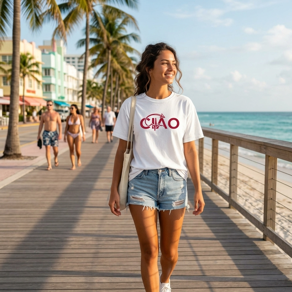Woman walking on a boardwalk by the beach wearing a white t-shirt with 'CIAO' logo movement
