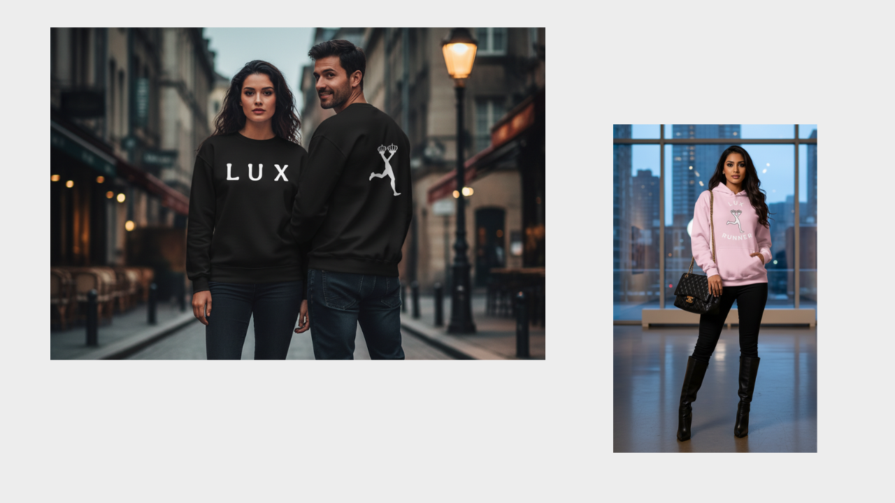 Two people wearing black sweatshirts with 'LUX' branding, one in an urban setting and the other in a cityscape wearing a pink hoodie with the famous minimalist mascot of Lux