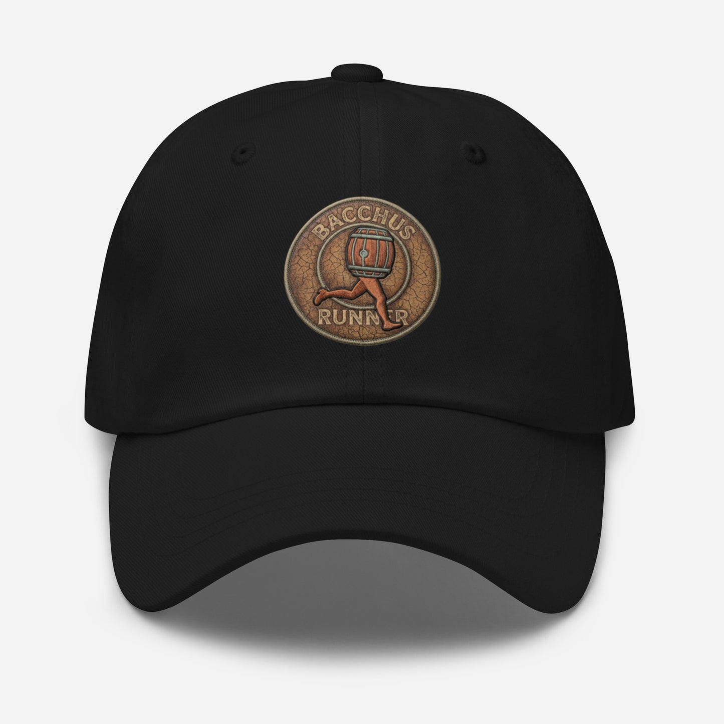 Black fitted hat  with "Bacchus Runner " text o